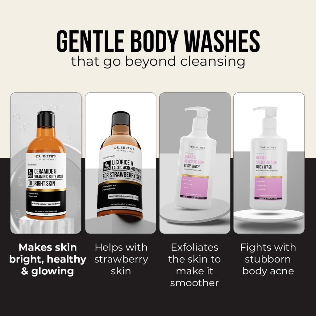 Dr. Sheth's Ceramide & Vitamin C Body Wash 250 ml Pack | Gentle Exfoliating Shower Gel for Bright Glowing Skin