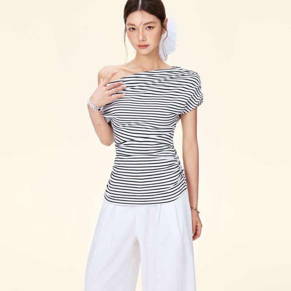 Unique design striped diagonal collar short sleeve women's summer new careful machine off-the-shoulder T-shirt South East Asia top