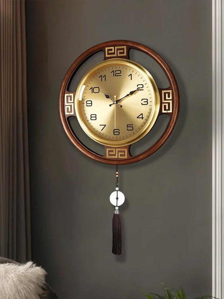 New Chinese style wall clock living room home entrance solid wood wall clock simple atmospheric silent clock