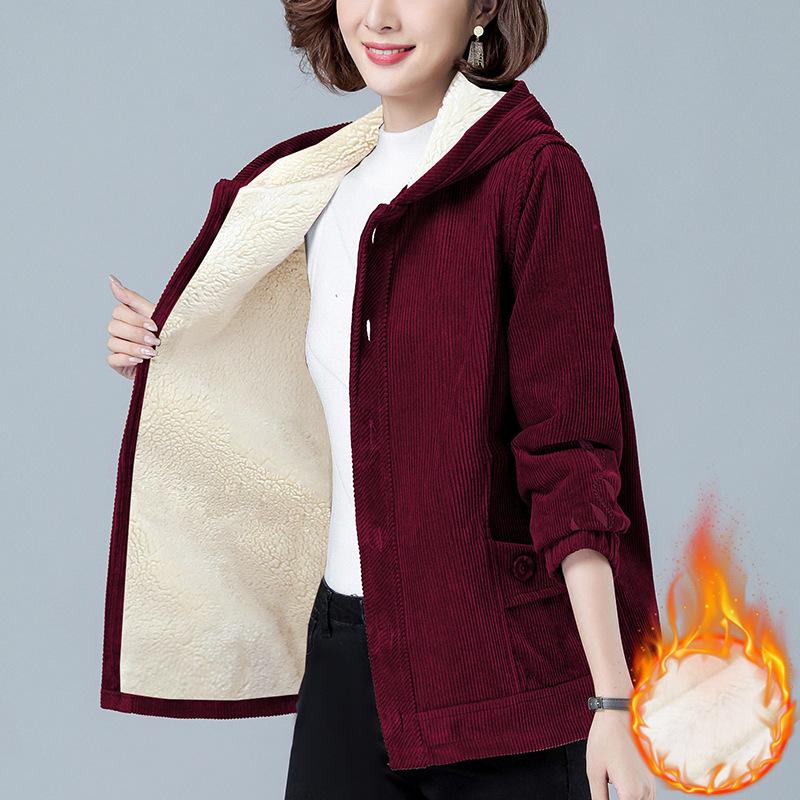 Pop Solid Color Spring Autumn Corduroy Jacket Women's Winter Outwear Velvet Thick Simple Loose Jacket Mother Hooded Warm