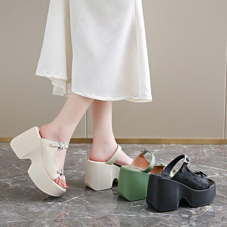 Summer France Style Outside Slim 10 CM High Heels Platform Peep Toe ButterFly Decoration Genuine Leather Women Rome Slippers