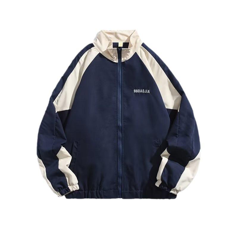 Men's Japanese Retro Color-Block Stand Collar Jacket - Trendy Loose College Style, Spring/Autumn Casual Wear for Couples