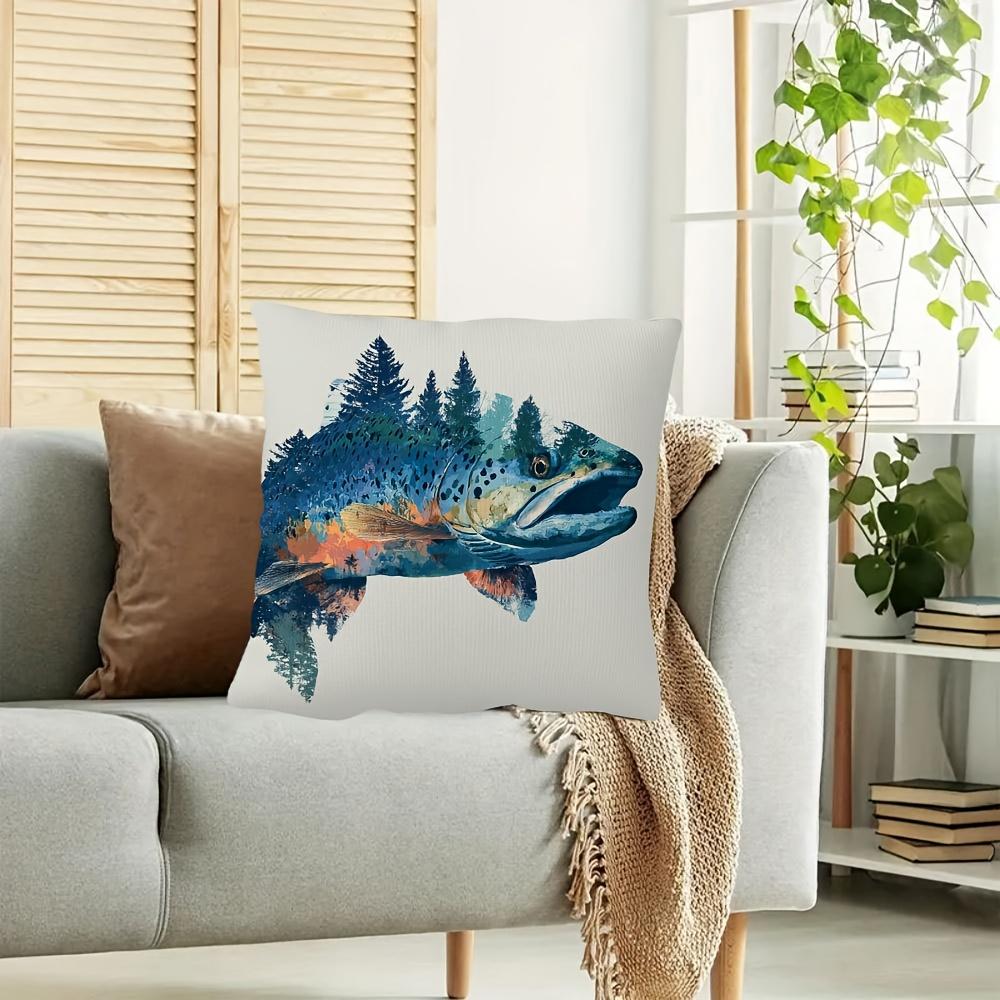 1Pc Short Plush Decorative Pillowcase, Trout Print Single-Sided, 18X 18 Inches For Sofa, Living Room Bedroom Office Home Dcor (