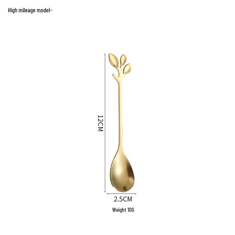 Gold Stainless Steel Leaf Spoon and Fork Set - Long Handle for Stirring, Desserts, and Coffee