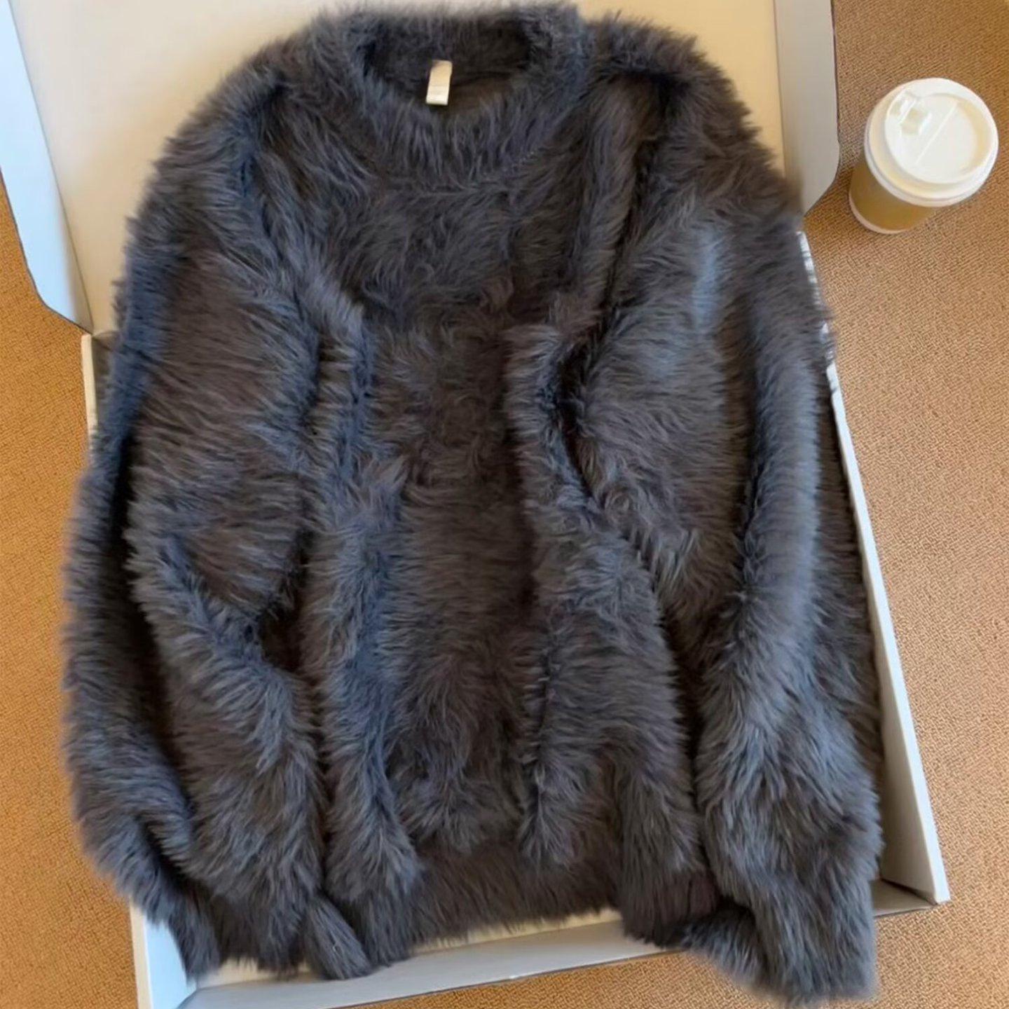 Мужской мягкий пушистый белый вязаный кардиган - Корейский стиль, Удобный и теплый, Круглый вырез, Свободный крой 3XL