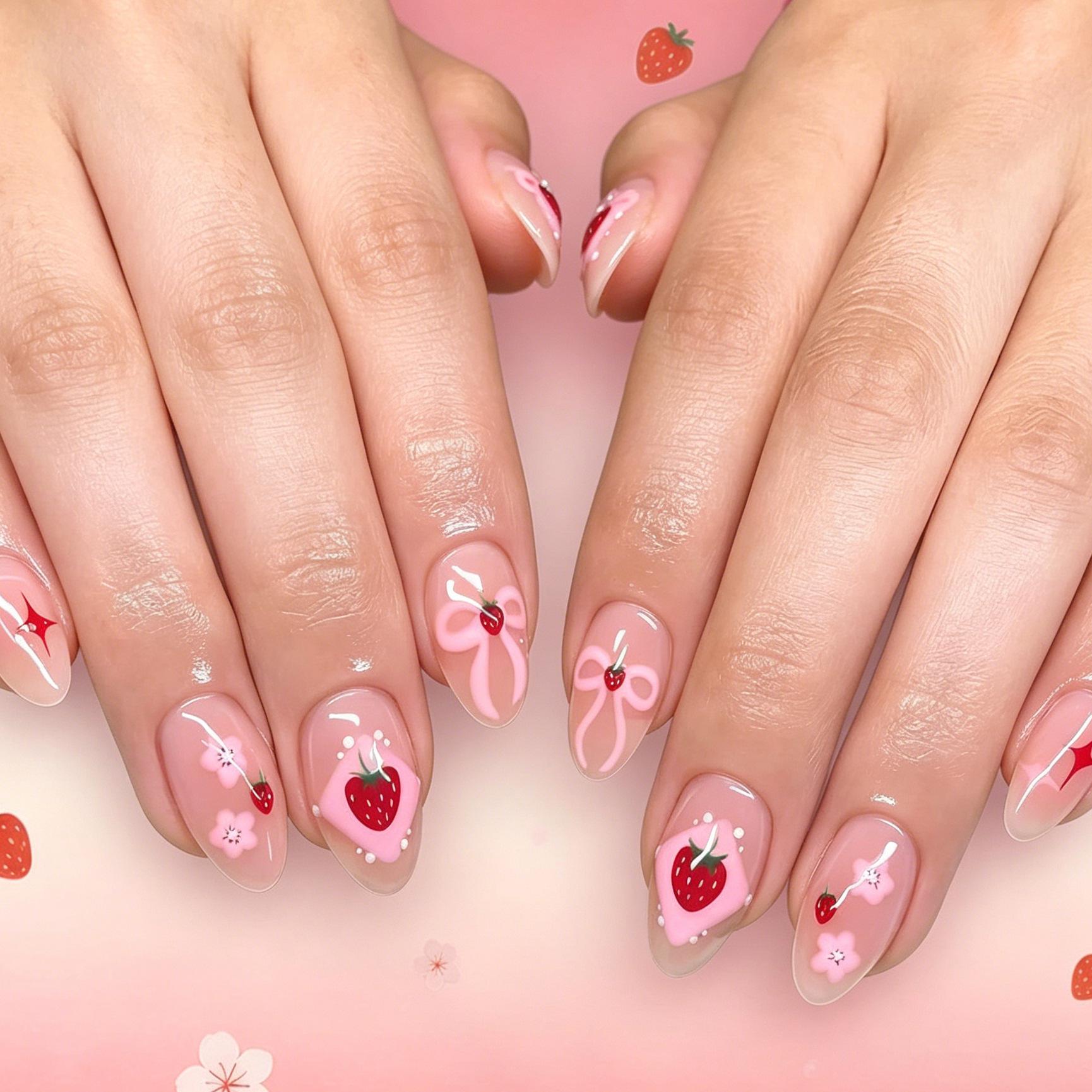 24 Pieces Of Manicure Pink Sweet And Cute Bow Cartoon Strawberry Long Almond Wearing Armor Jelly glue + rubbing strips*3pcs