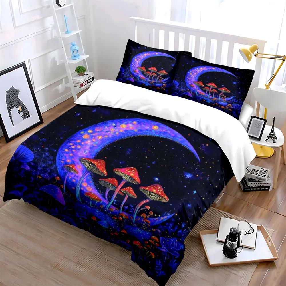 Fantasy Moon and Mushrooms Set Soft Comfortable Duvet Cover Bedding Set Included 1*Duvet Cover & 2*Pillowcases Gift
