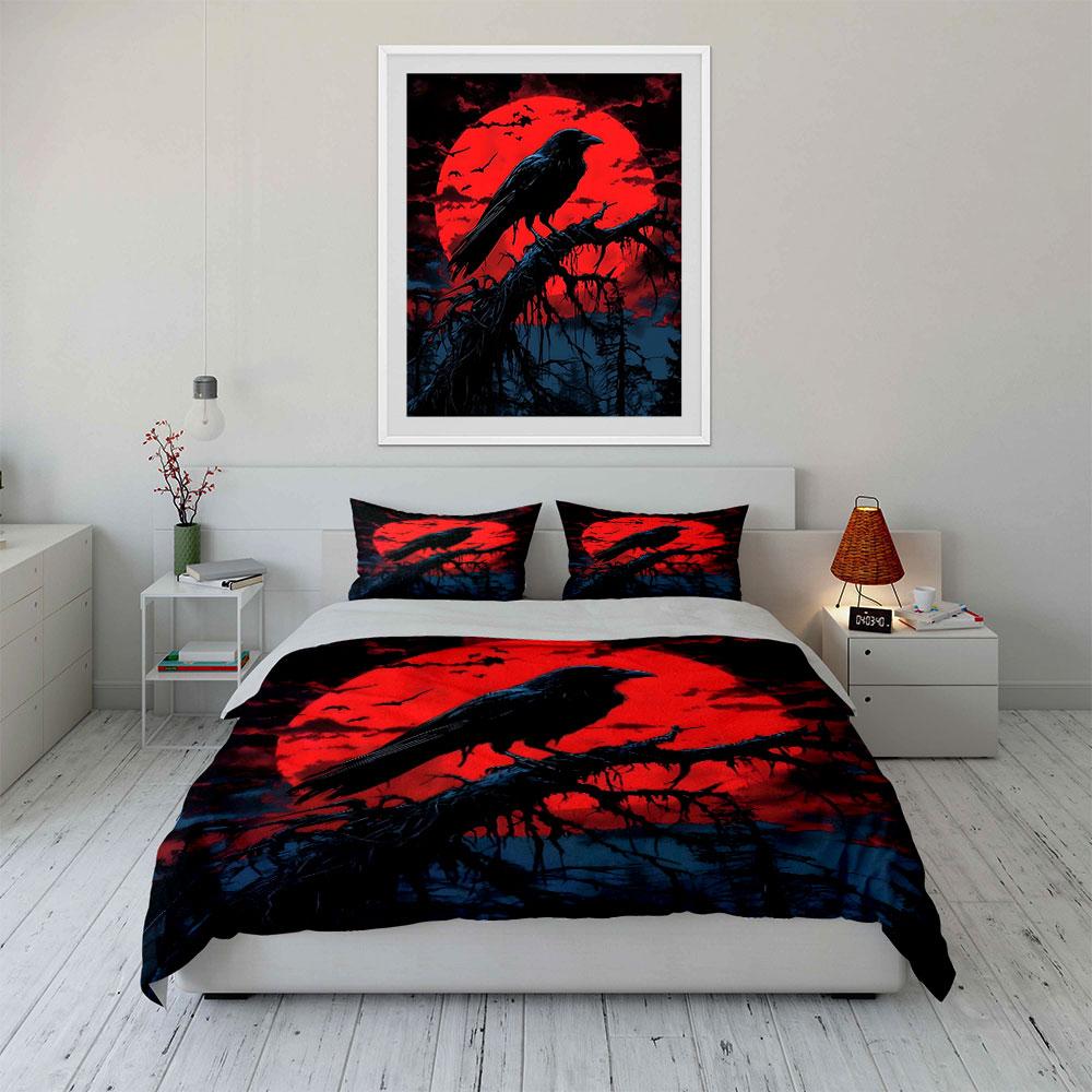 Raven and Red Moon Night Scene Bedding Duvet Cover Set (1*Duvet Cover 2*Pillowcases, Without Duvet Insert)