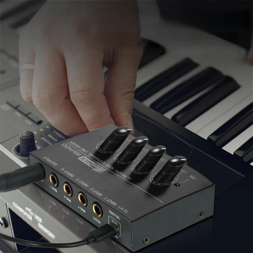 4 Channel Line Mixer Mini Sound Mixer DC 12V Easy Operation Audio Mixer Ultra Low Noise 4 Input 1 Output with Power Adapter