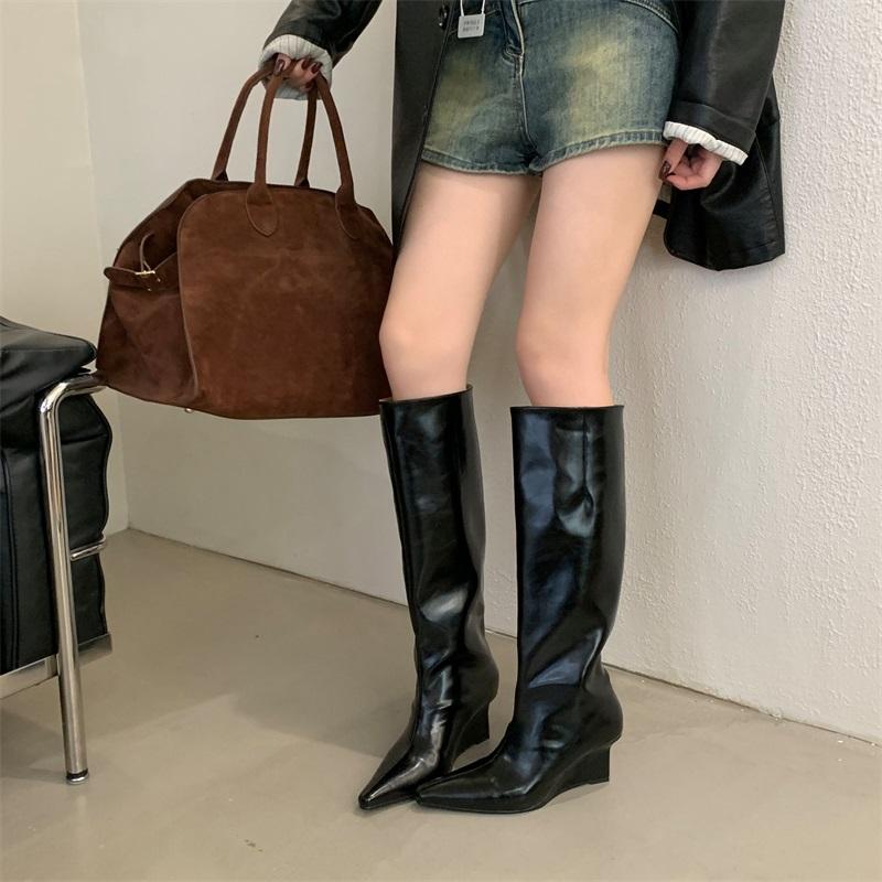 Eilyken Autumn Winter Design Pointed Toe Women Knee High Boots Ladies Shoes Wedges Heels Modern Long Booties Largas Mujer