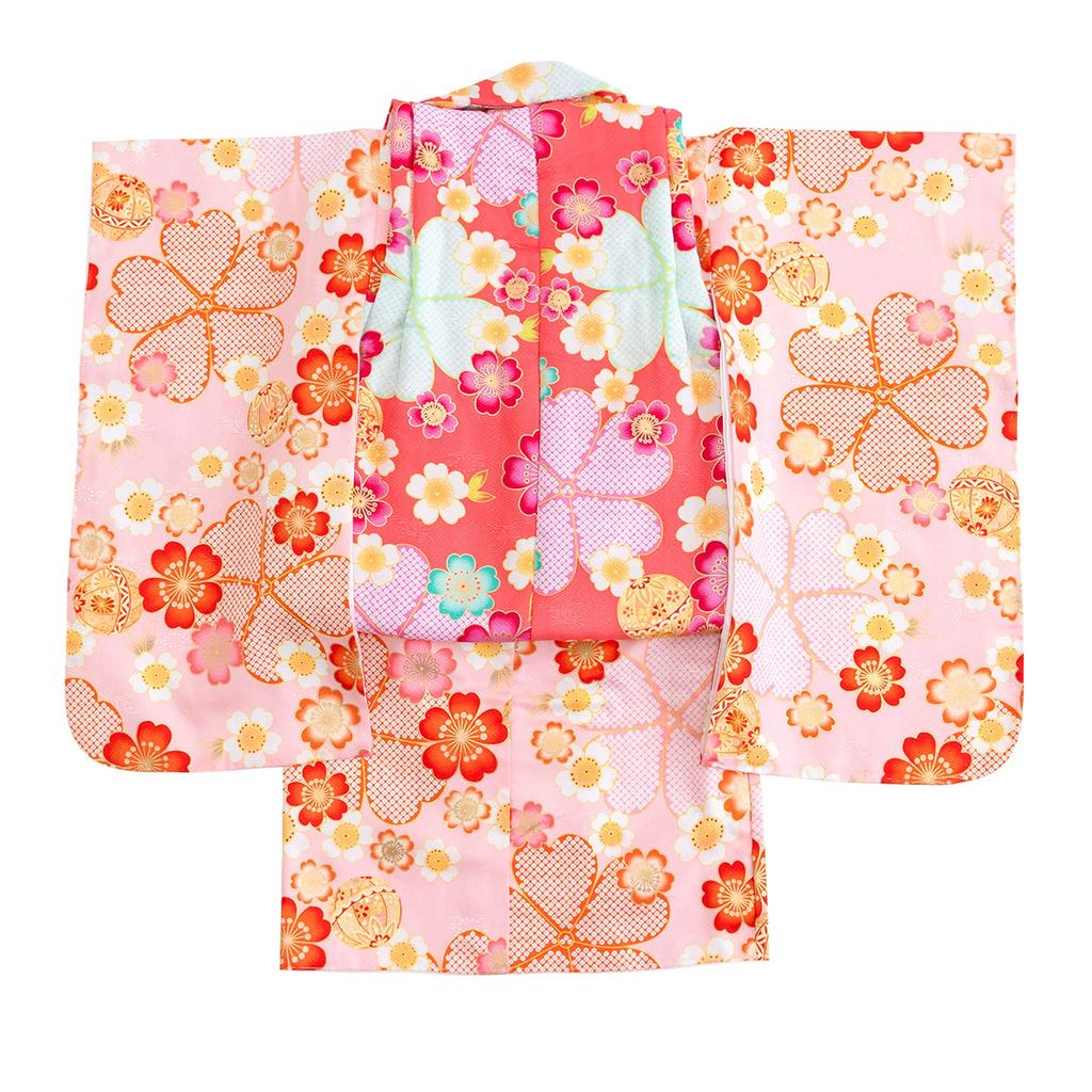 Kimono set for Hakama Gorgeous set Patterned Hair Drawstring Waist Girls Pale cherry blossoms and [KYOETSU] Shichigosan, 3-year-old, set, C, 9-piece