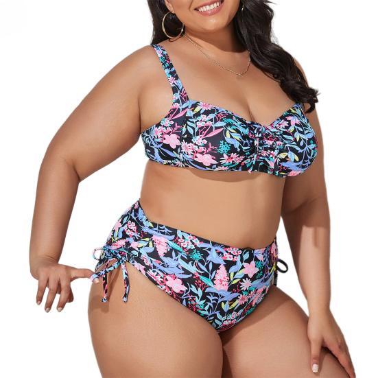 Costume da bagno donna taglie forti con stampa floreale a vita alta 2 pezzi/set bikini regolabile con spalline sottili per le vacanze
