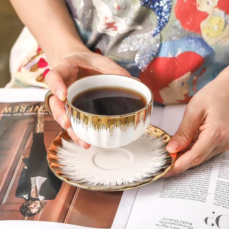 Cappuccino Cups with Saucers, 7 oz Porcelain Double Espresso Cups Set, Ceramic Turkish Coffee Cups with Gold Trim