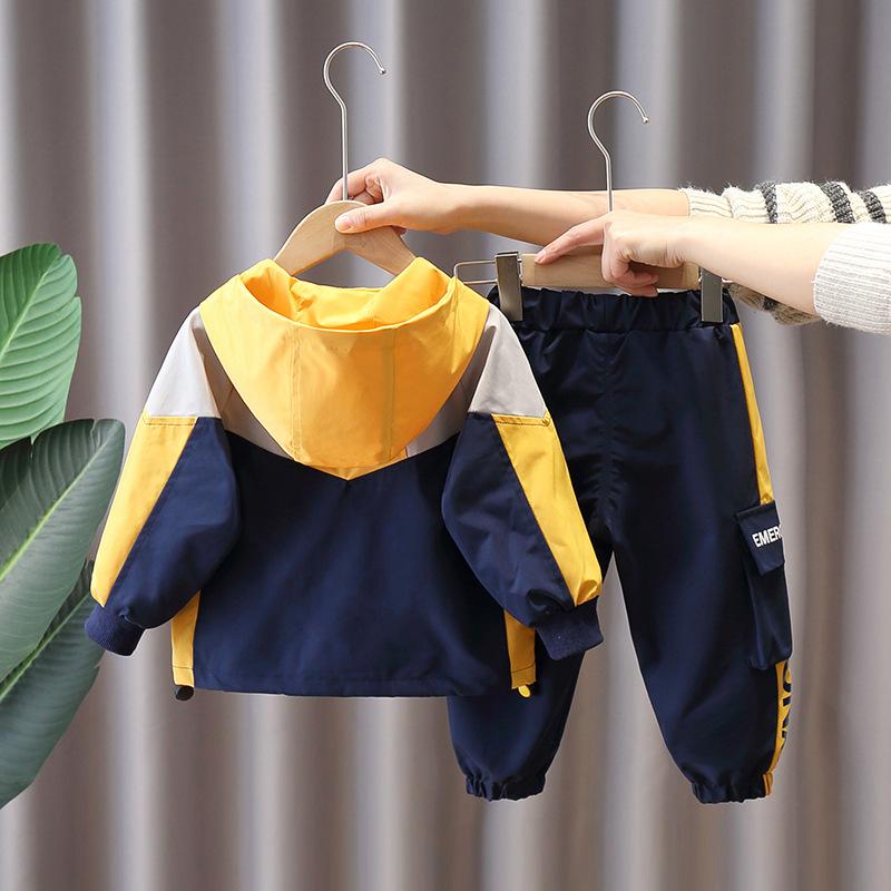 Boys' Spring/Fall Sports Set: Color Blocked Hooded Jacket + Pants Casual Two-Piece Set