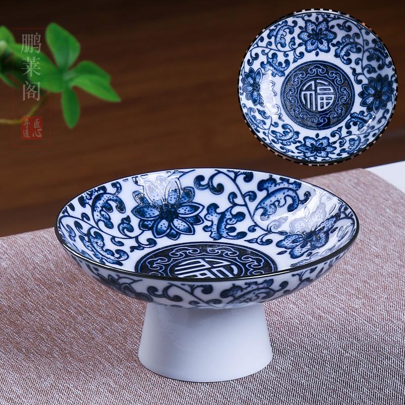 Blue and White Porcelain Ceramic Plate Dessert Plate Tall Fruit Tray Ice Cream Bowl Home Living Trinket Dish Kitchen Tableware