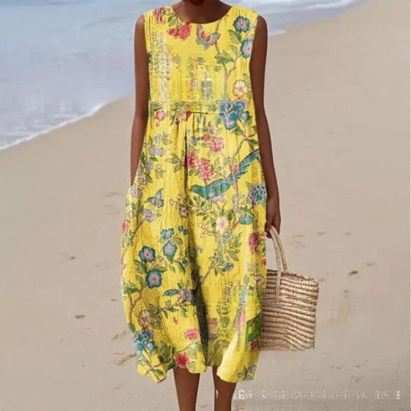European and American New Summer Flower Ocean Printing European Size Round Neck Sleeveless Long Dress Creative Loose Dress