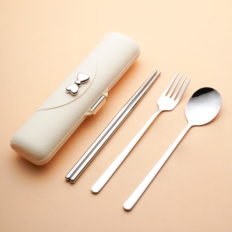 304 Stainless Steel Portable Cutlery Set: Leather Grain Bowknot Box with Korean Style Spoon, Fork, and Chopsticks.