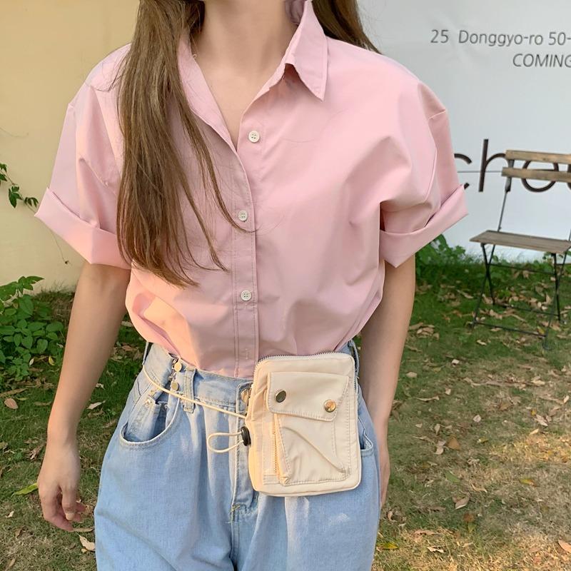

Летние однотонные повседневные рубашки с коротким рукавом, женская мода, новая тонкая однобортная свободная блузка, женская элегантная облегающая простая офисная женская рубашка, топы 26284 S розовый