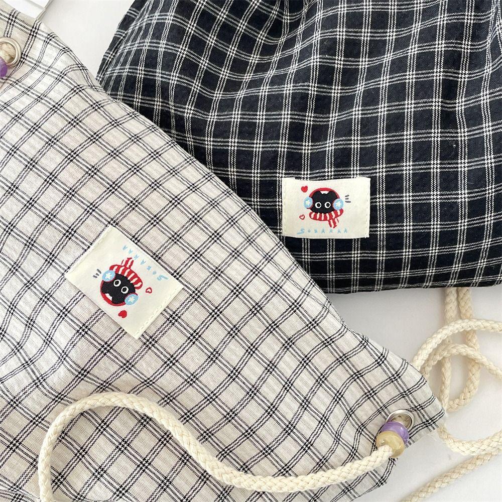 Vintage Korean Plaid Drawstring Bag Y2K Aesthetic Harajuku Plaid Backpack Casual Lightweight Student Schoolbags Outdoor