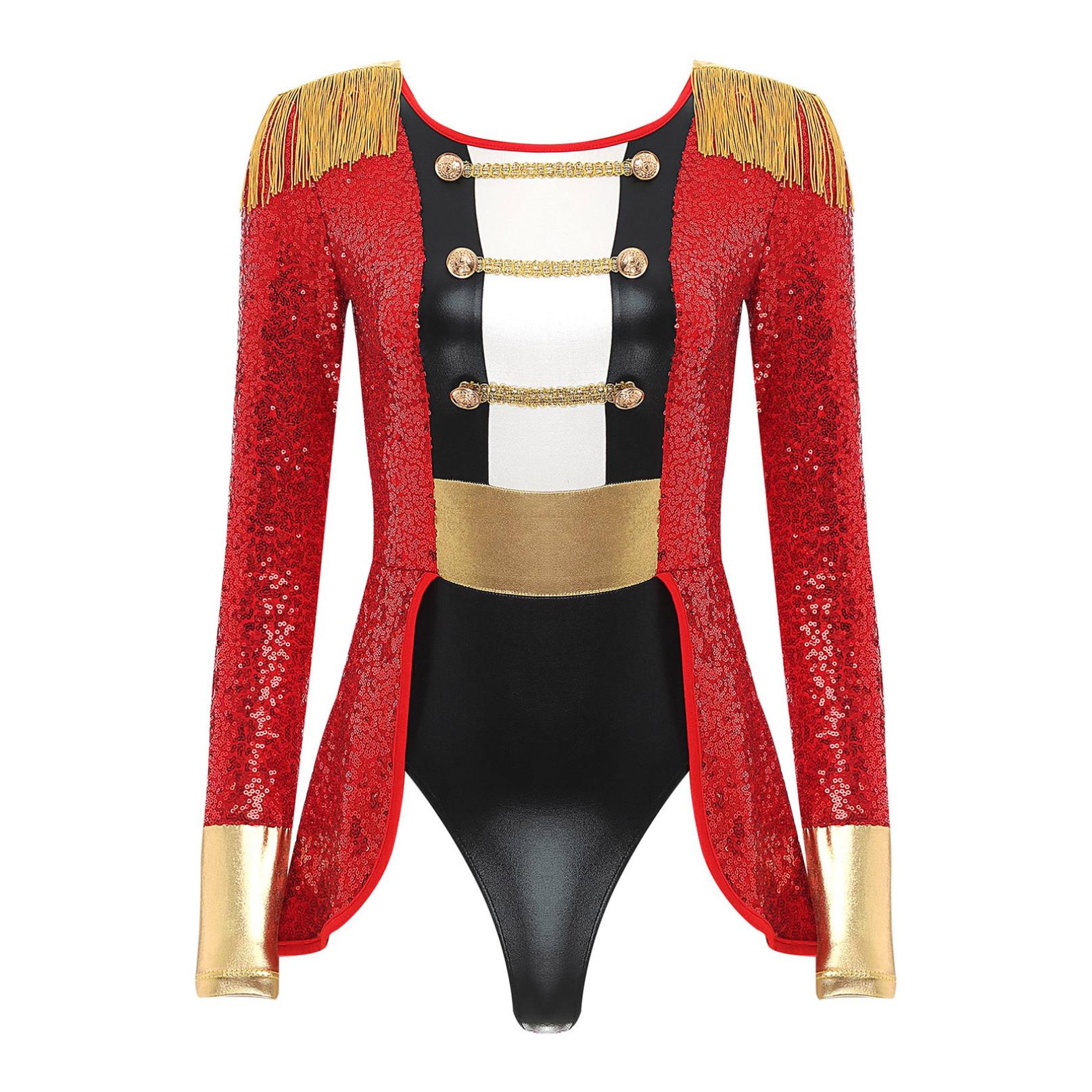 

Жіночий цирковий капітан на Хеллоуїн Косплей Костюм з довгим рукавом і паєтками Комбінезон Боді S червоний