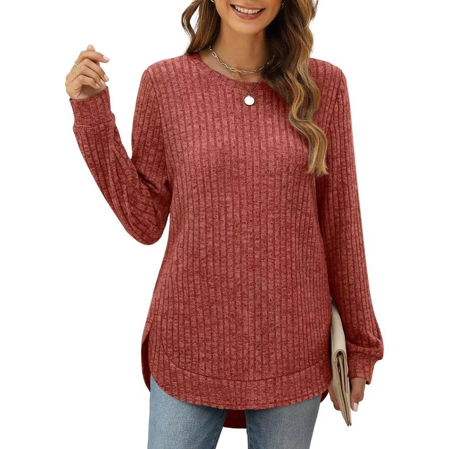 Autumn Winter Square Neck Stretch Rib Knit Top Solid Color Long Sleeve Loose T-shirt