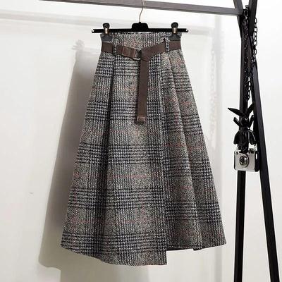 Autumn and Winter Women's Skirt High Waist A-line Skirt Vintage Plaid Elastic Wais Woolen Plaid Skirtt