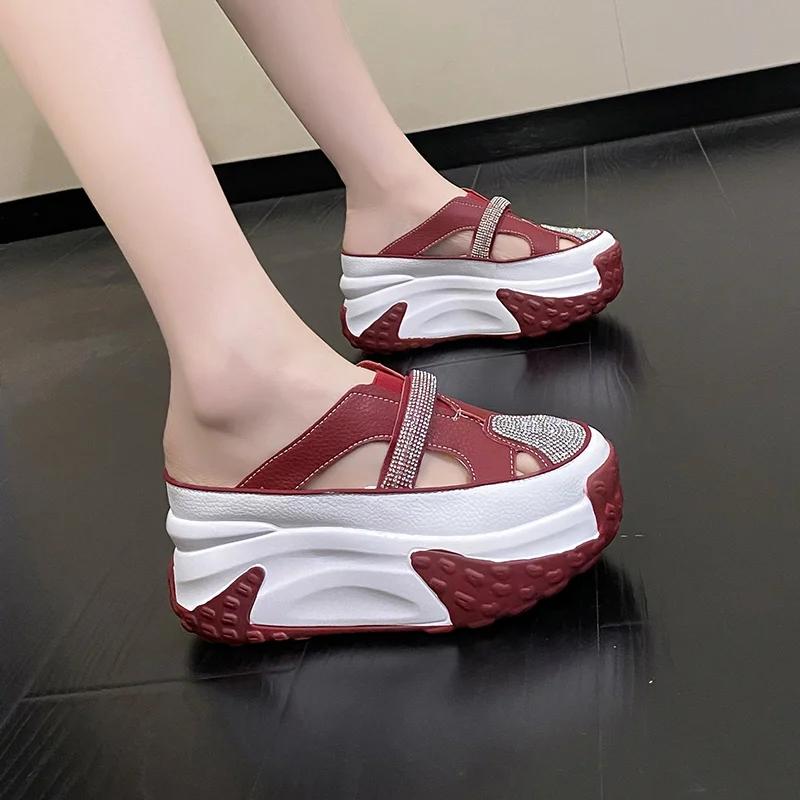 Fashion 7CM Bling Shoes Thick Sole Slides Women Chunky Sneakers Platform Wedge Breathable Slippers Comfortable Hollow Summer Shoes
