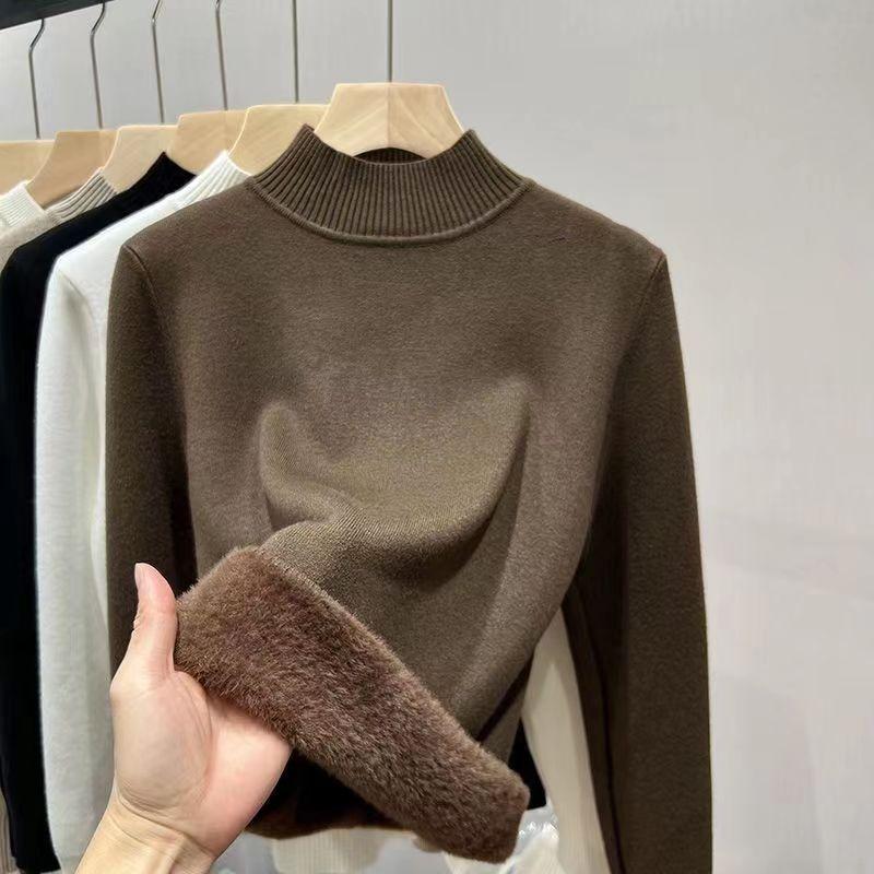 Autumn and Winter Plush Thick Velvet Base Women's Sweaters Long Sleeve Half High Collar Warm Knitted Sweater Ladies Elegant Solid Pullover Tops 24870