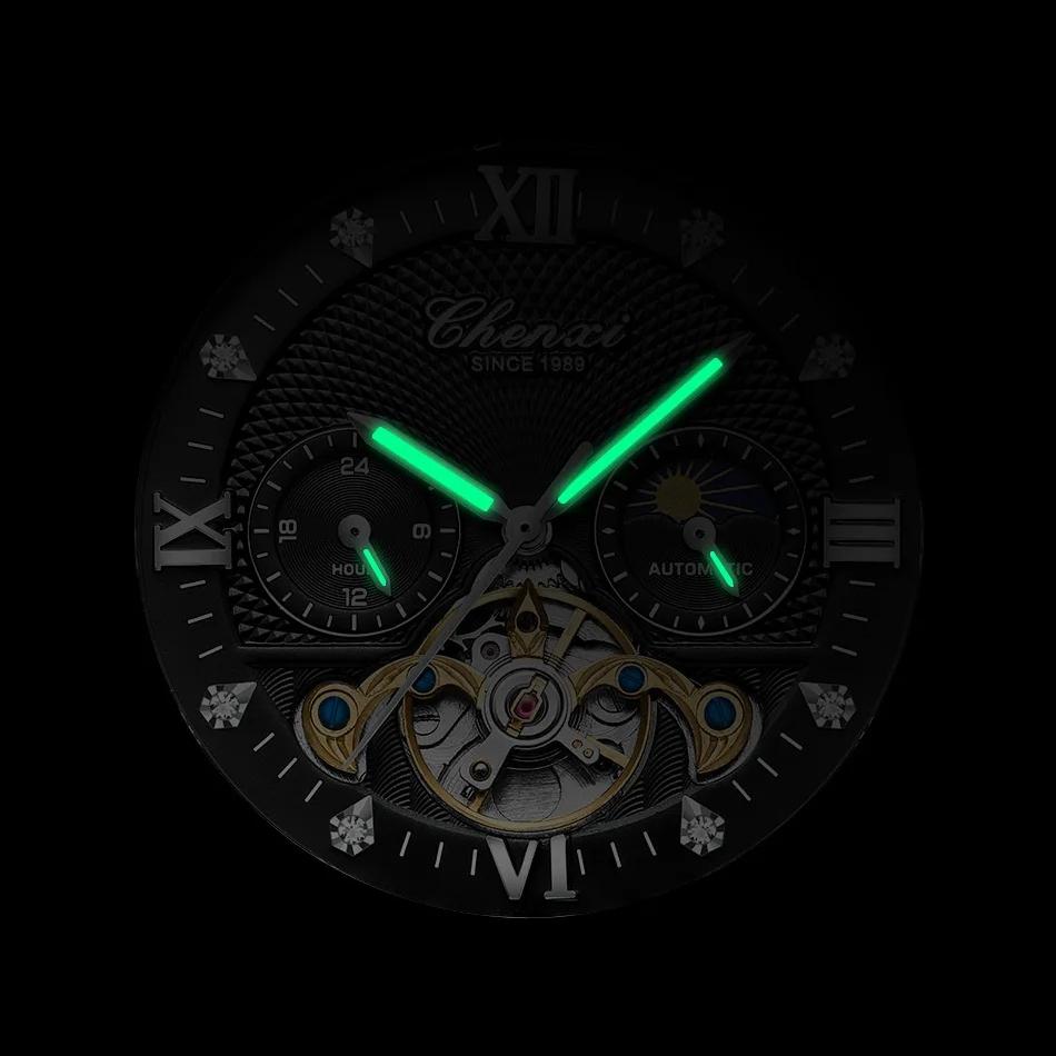 CHENXI Fashion Automatic Mechanical Watch Sun Moon Phase Tourbillon Waterproof Leather Strap Alloy Case Men's Watch