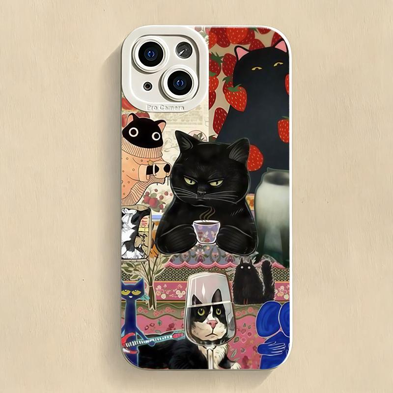 Vintage Cat Drinking Tea Pattern Phone Case For iPhone 17 16 15 14 13 12 11 Pro Max XS X XR 7 8 Plus 16E 17 Air Matte Soft Cover