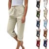 Women Casual Drawstring Elastic Waist Loose Cotton Linen Capris Pants With Pockets