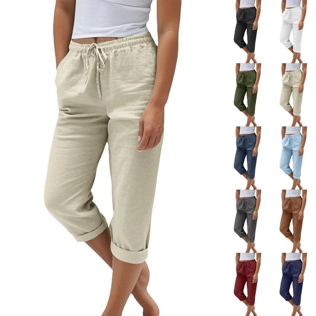 Women Drawstring Waist Linen Capri Pants with Pockets Loose Fit Lightweight Cropped Trousers for Casual Daily Wear