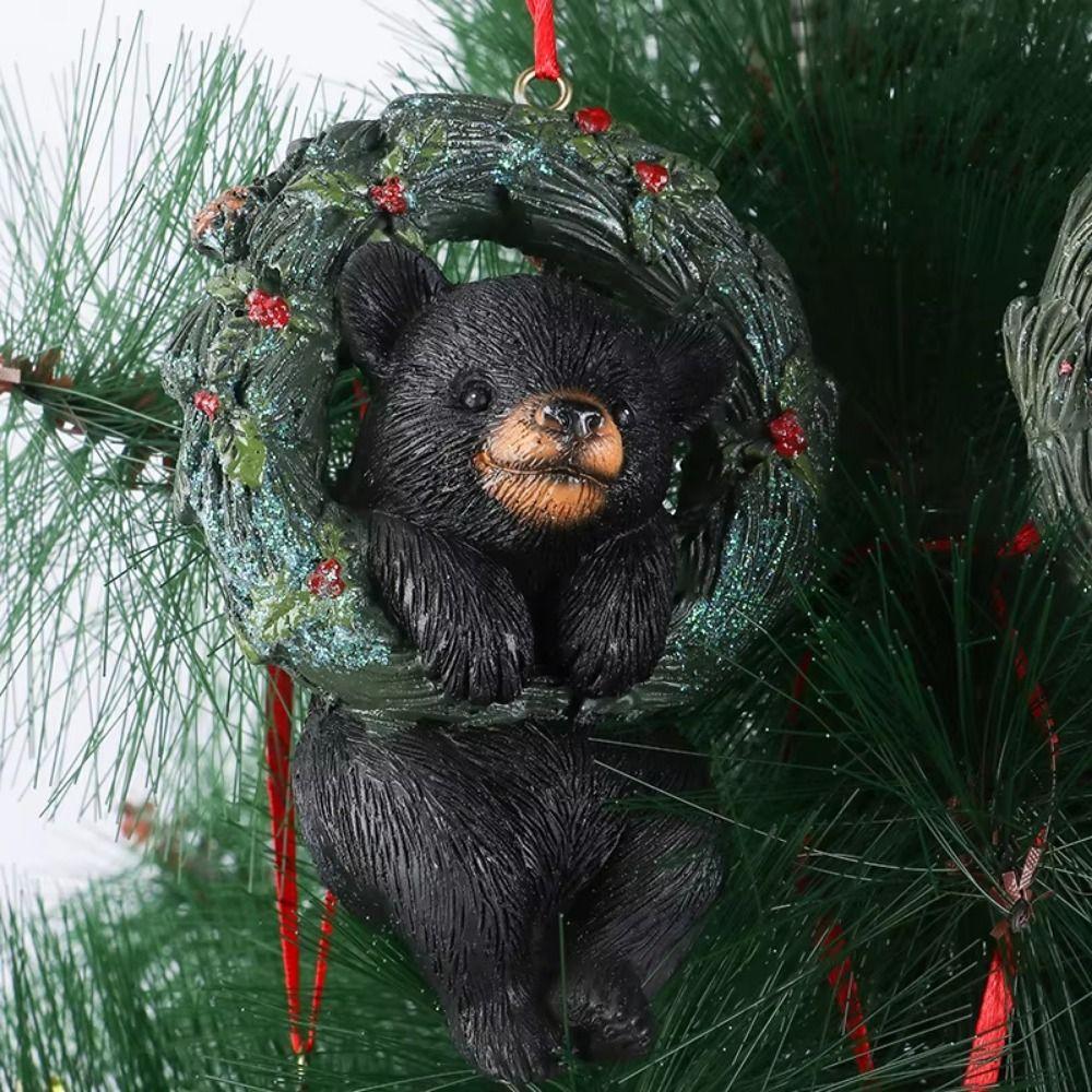 Resin Crafts Christmas Tree Pendant Cartoon Animals Mini Bear Statue Wreath  Room Decoration