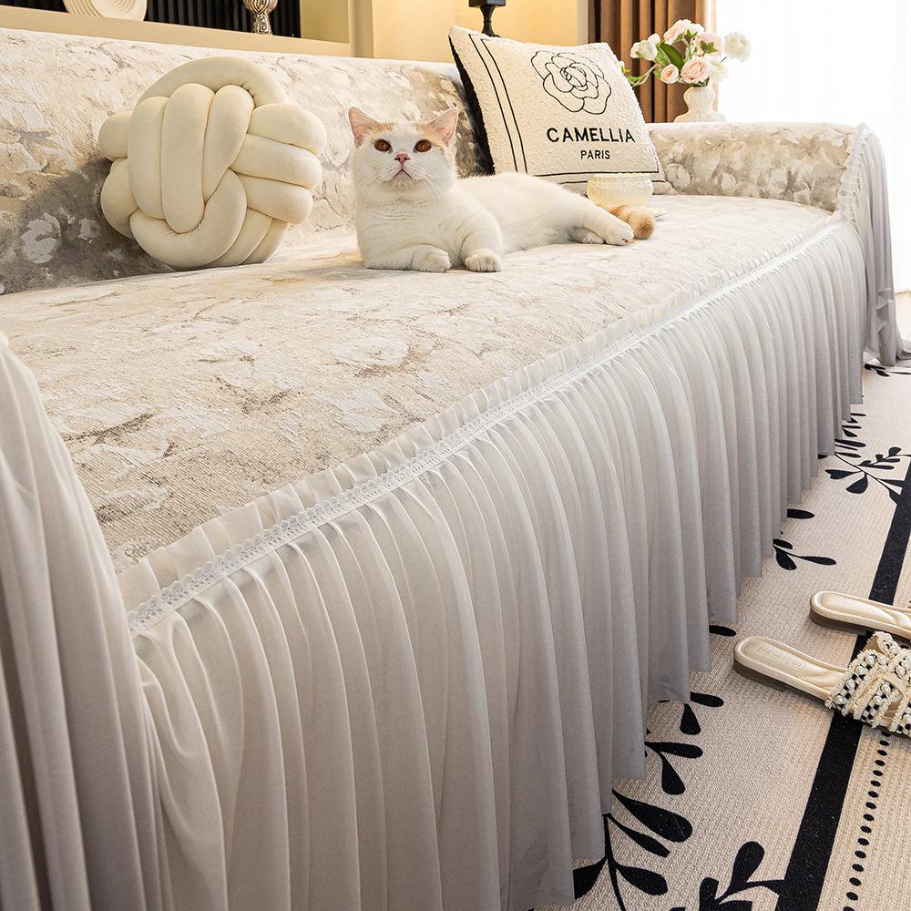 

Шениль Уютный Стильный Кружевная Отделка Чехол на Диван Противоскользящий Устойчивый к Царапинам Защита от Кошек Всесезонный Универсальный Защитный Чехол для Мебели 180 x 130CM серый