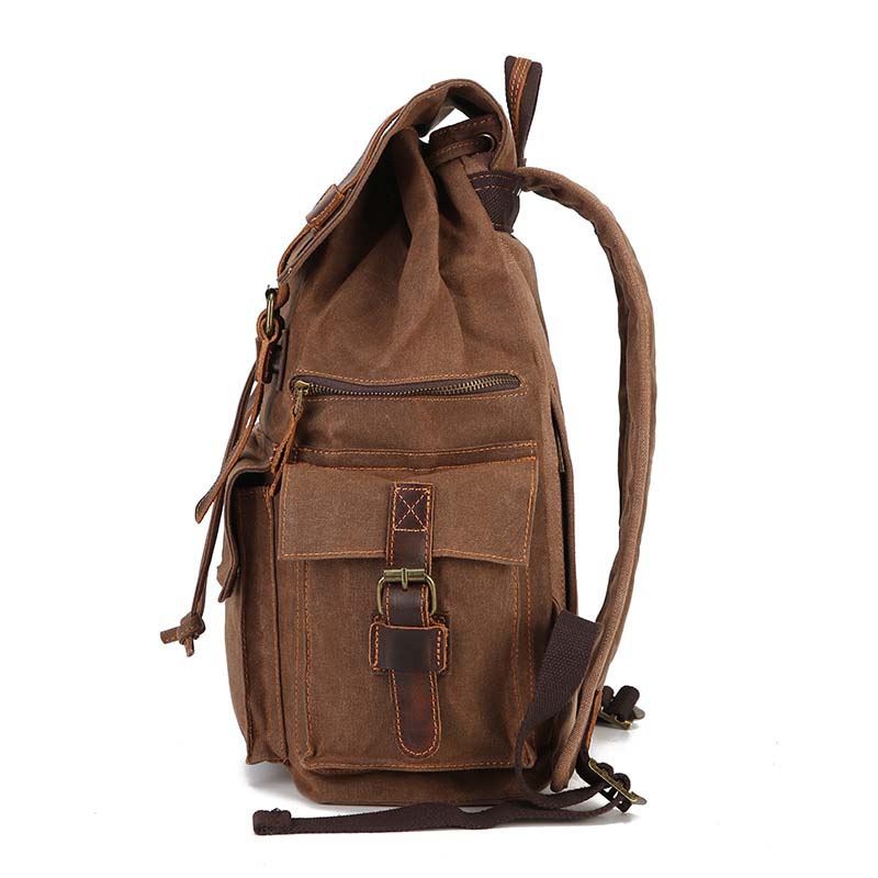 Vintage Distressed Leather Waxed Canvas Backpack Large Capacity Multiple -pockets New Waterproof Drawstring Outdoor Travel Double-Shoulder Bag
