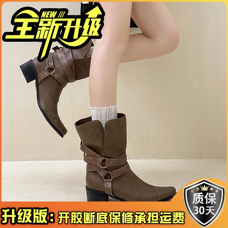 Piaohong leather buckle design sense retro style pointed thick heel short boots women's 2025 autumn and winter new pointed fashion boots