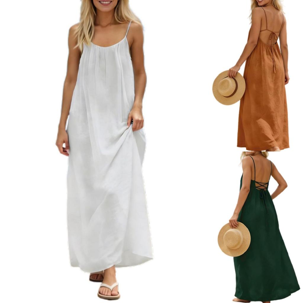 Zomerjurk voor dames Backless Spaghetti Bandjes Los Vallend Lang Cami Jurken Casual Los Vakantiefeest Strand Maxi Zomerjurk
