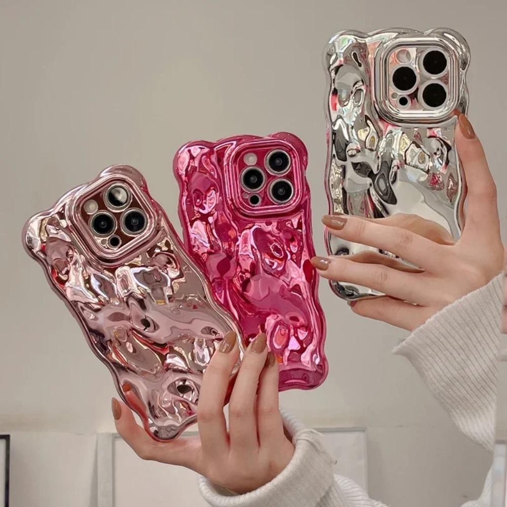 Luxury Plating Wrinkle Wavy Curly Edge Phone Case For 17 16 15 12 13 14 Pro Max 3D Unevenness Camera Protection Cover