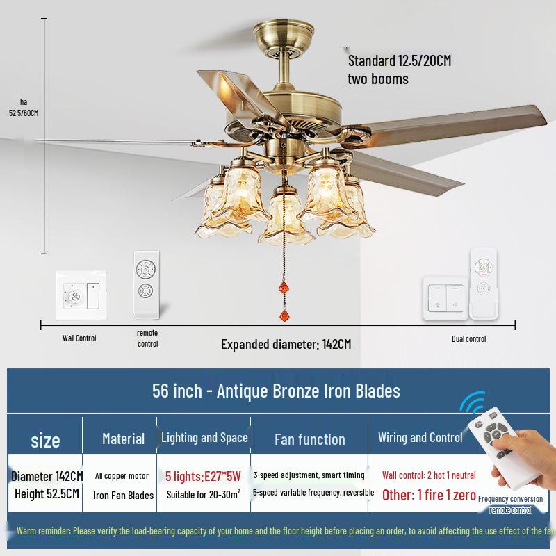 Mid-Century European Retro Ceiling Fan Light with Iron Blades - Variable Frequency High Airflow for Living Rooms or Restaurants.