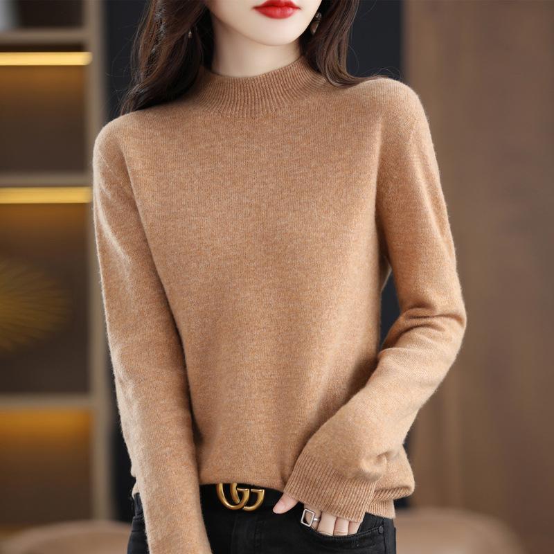 Women's Seamless Knit Half-High Neck Pullover: Loose, Slim-Fitting, Long Sleeve Sweater for Autumn/Winter