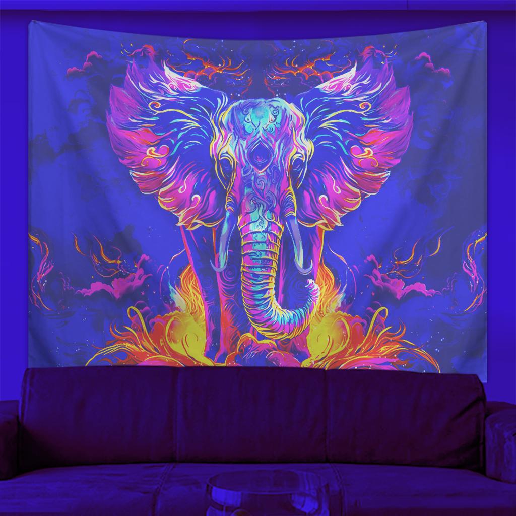 1pc Elephant tapestry, UV responsive fluorescent tapestry, watercolor elephant wall hanging aesthetic cloud tapestry