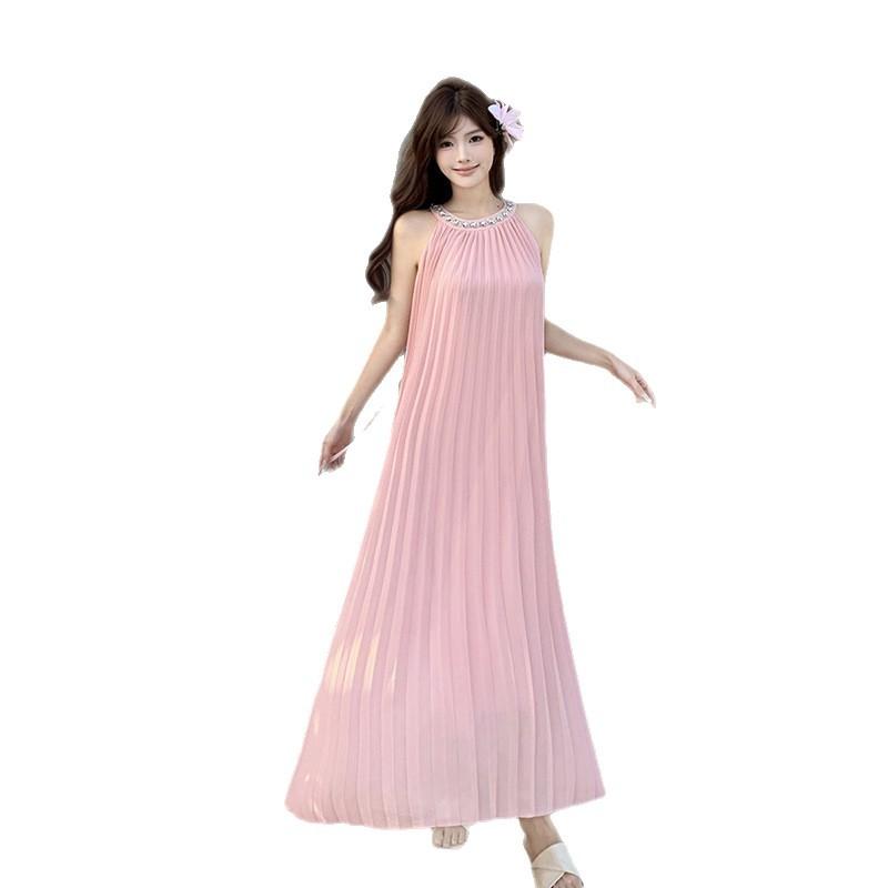 French Fairy Pink Neck Dress Women's Summer Lazy Seaside Vacation Beautiful Photo Dress