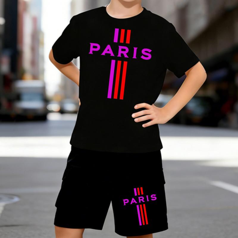 

Boys 2 Piece Paris Letter Print Outfit, Short Sleeve T-Shirt and Shorts Set for Kids Age 5-14, Black and White Sporty Casual Summer Clothes 5-6 Years чёрный