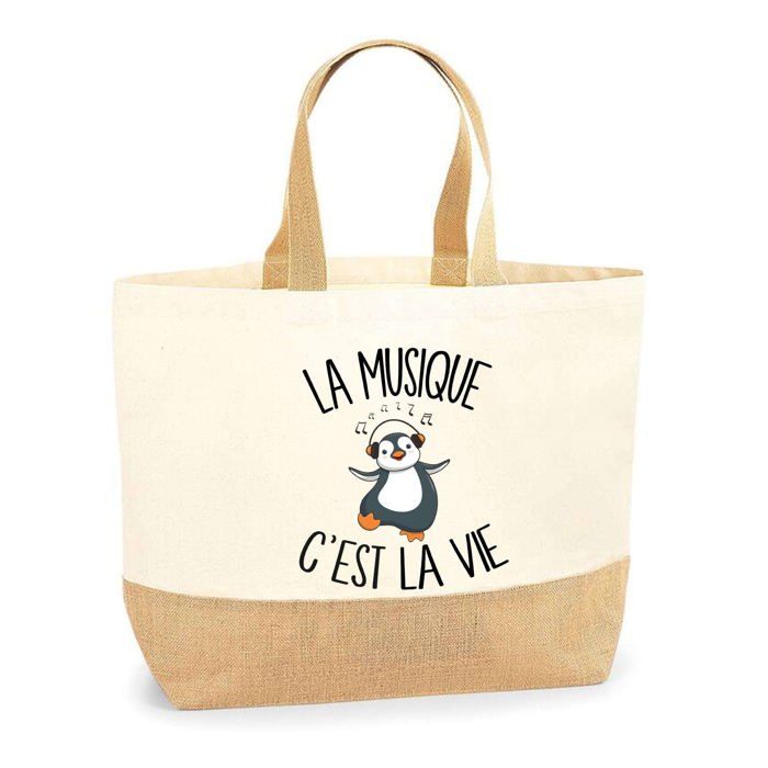 Cabas de plage - PLANETEE - Musique c'est la vie - Jute naturel - Imprimé multicolore - Fabriqué en France