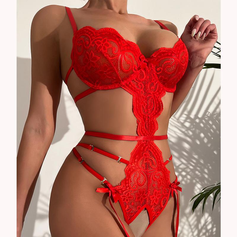 Hot Lace Bodysuit Babydoll Pajamas Set Garter Deep V Open Bra Crotchless Women's See-Through Corset Sex Lingerie Exotic Apparel