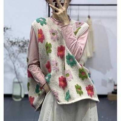 Plus Size Sweaters Autumn Vest Sleeveless O-Neck Casual Women Basic Vest Flower Pattern Clothing Big New