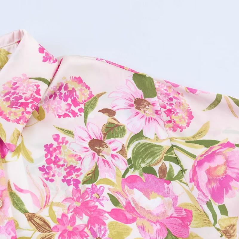 Womens Loose Fit Floral Print Long Sleeve Shirt With Turn-Down Collar Soft Satin Feel Casual Chic Top
