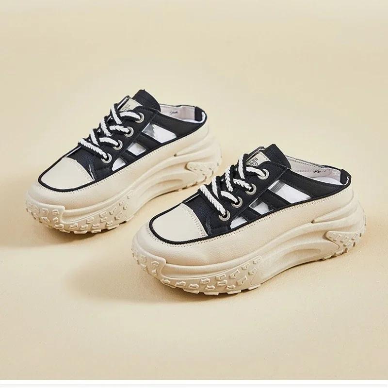 Ladies Shoes 2025 Closed Toe Platform Women's Slippers Fashion Roman Thick Bottom Hollow Out Lace-up Comfortable Casual Sneakers
