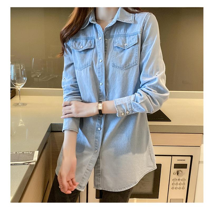 Camicia Casual in Denim a Maniche Lunghe alla Moda da Donna Stile Coreano Ampia Nuova con Rever Primavera e Autunno Ufficio Blusa Lunga Streetwear Top Giacca Abbigliamento