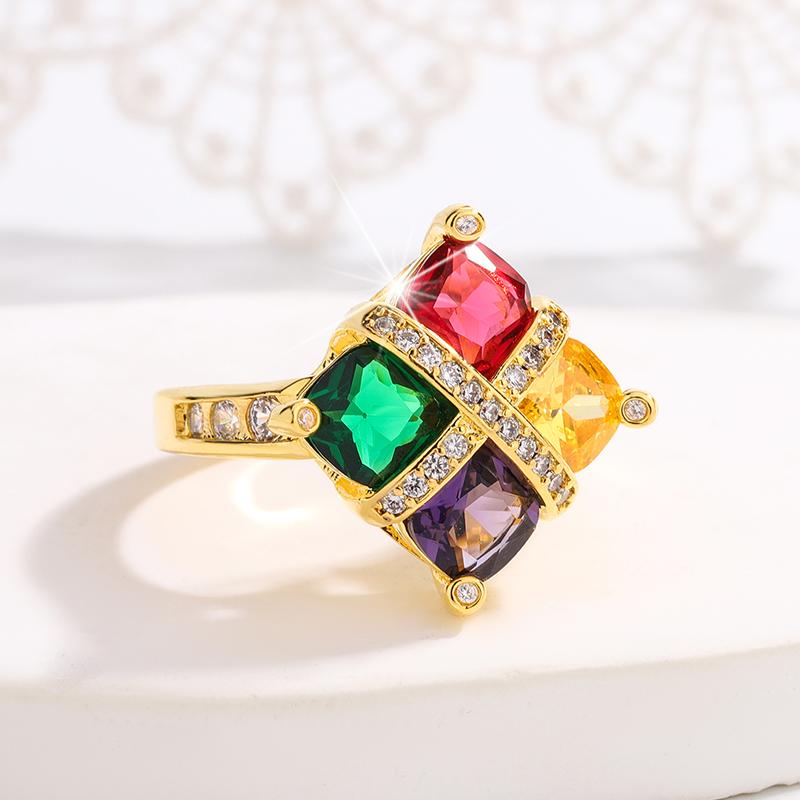 18K Gold Colorful Amethyst Topaz Emerald Ruby Full Diamond Ring For Women Engagement Party Gift Jewelry